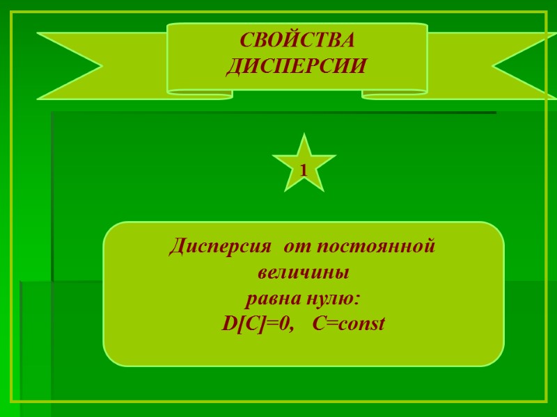 СВОЙСТВА ДИСПЕРСИИ Дисперсия  от постоянной  величины  равна нулю: D[C]=0,  